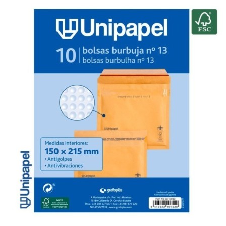 PAQUETE 10 BOLSAS BURBUJA N. 13 150X215 MM 75 G FSC UNIPAPEL