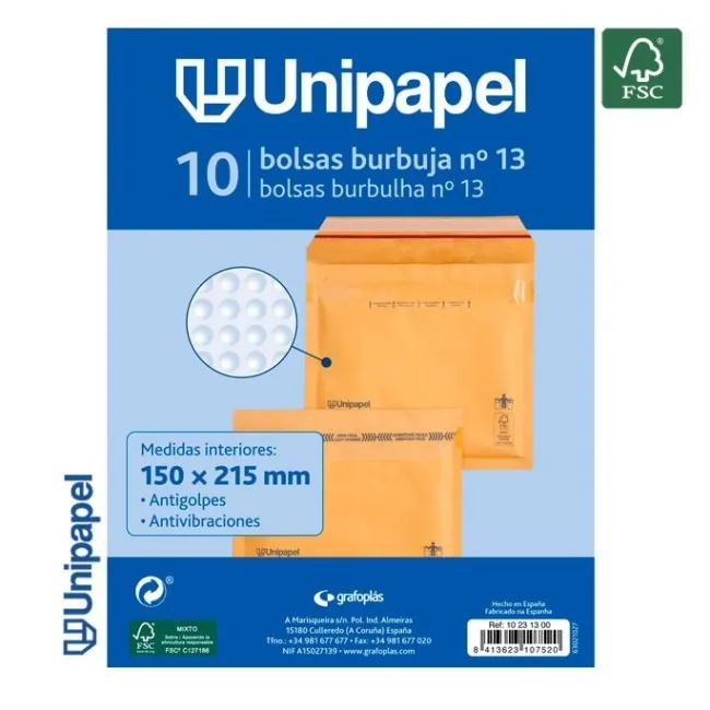 PAQUETE 10 BOLSAS BURBUJA N. 13 150X215 MM 75 G FSC UNIPAPEL