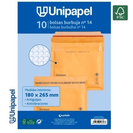 PAQUETE 10 BOLSAS BURBUJA N. 14 180X265 MM 75 G FSC UNIPAPEL