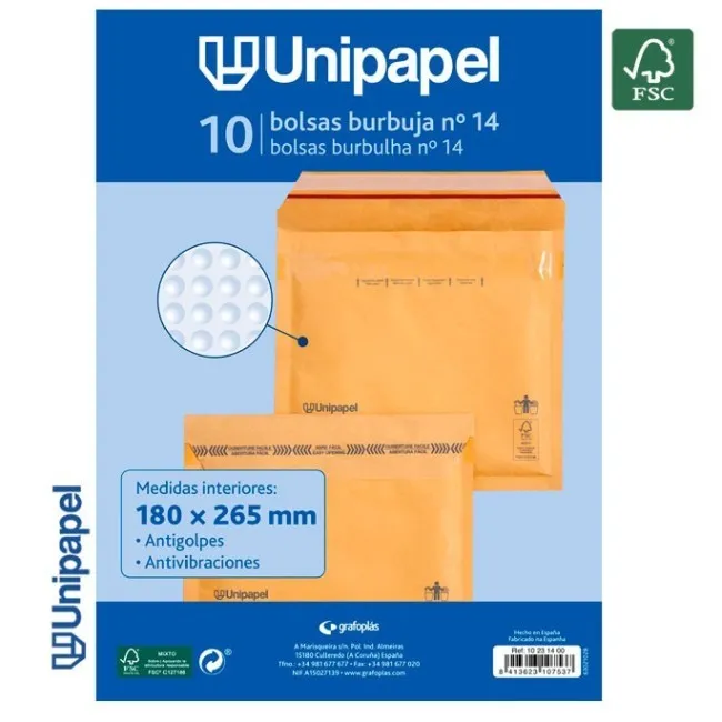 PAQUETE 10 BOLSAS BURBUJA N. 14 180X265 MM 75 G FSC UNIPAPEL