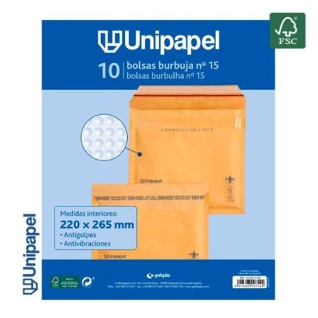 PAQUETE 10 BOLSAS BURBUJA N. 15 220X265 MM 75 G FSC UNIPAPEL