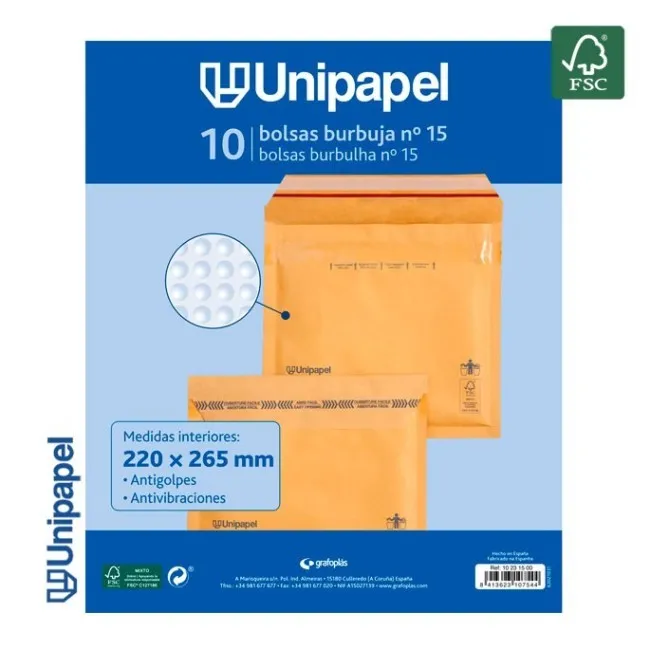 PAQUETE 10 BOLSAS BURBUJA N. 15 220X265 MM 75 G FSC UNIPAPEL