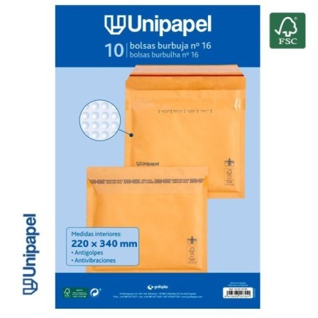 PAQUETE 10 BOLSAS BURBUJA N. 16 220X340 MM 75 G FSC UNIPAPEL