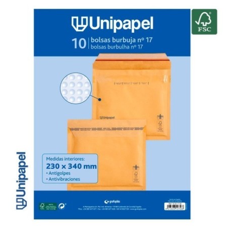 PAQUETE 10 BOLSAS BURBUJA N. 17 240X340 MM 75 G FSC UNIPAPEL
