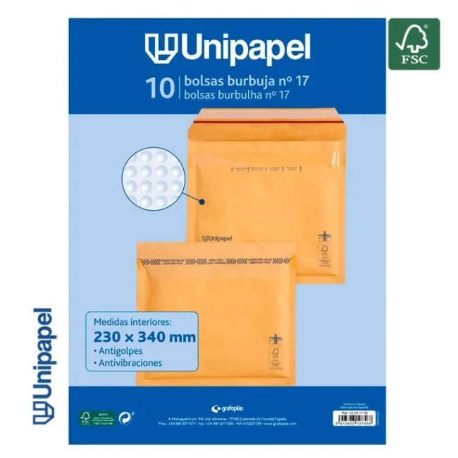 PAQUETE 10 BOLSAS BURBUJA N. 17 240X340 MM 75 G FSC UNIPAPEL