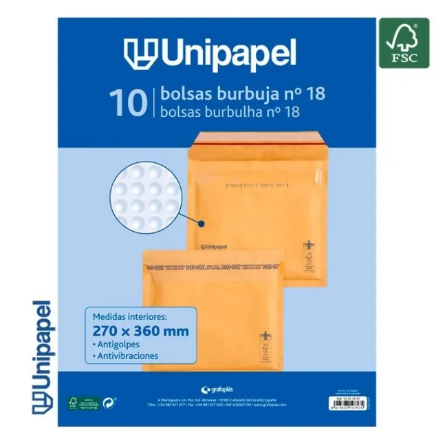 PAQUETE 10 BOLSAS BURBUJA N. 18 270X360 MM 75 G FSC UNIPAPEL