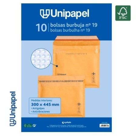 PAQUETE 10 BOLSAS BURBUJA N. 19 300X445 MM 75 G FSC UNIPAPEL