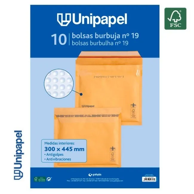 PAQUETE 10 BOLSAS BURBUJA N. 19 300X445 MM 75 G FSC UNIPAPEL