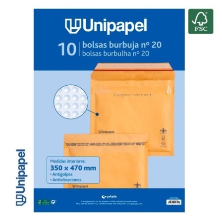 PAQUETE 10 BOLSAS BURBUJA N. 20 340X470 MM 75 G FSC UNIPAPEL