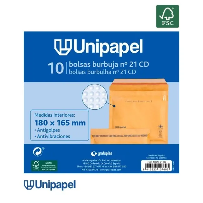 PAQUETE 10 BOLSAS BURBUJA N. 21 (CD) 180X165 MM 75 G FSC UNIPAPEL